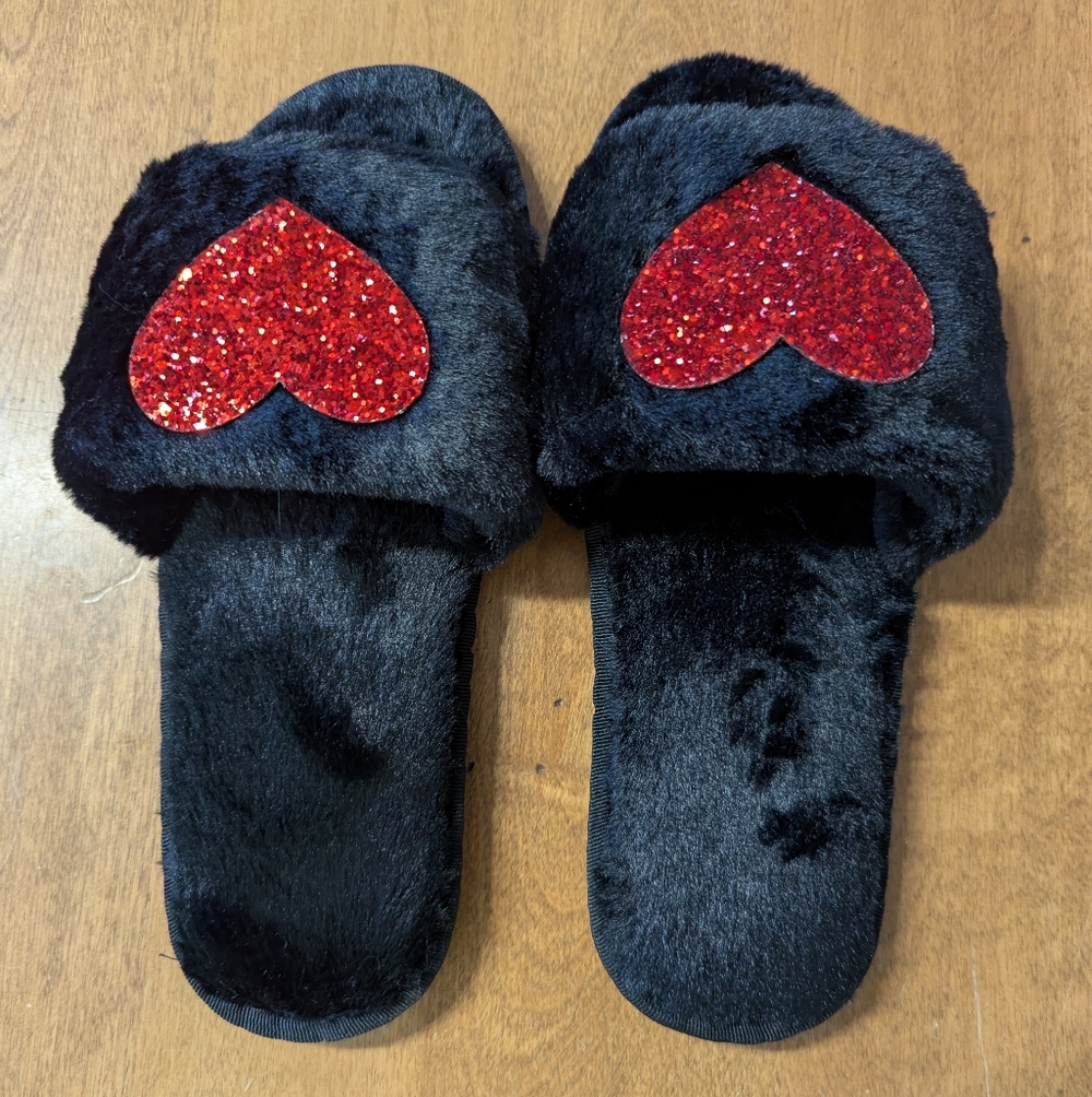 3/$14 NWOT Black Fuzzy Slippers with Red Heart